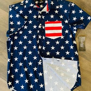 Men’s Stars/Stripes shirt sleeve button up shirt, size Small new with tag.